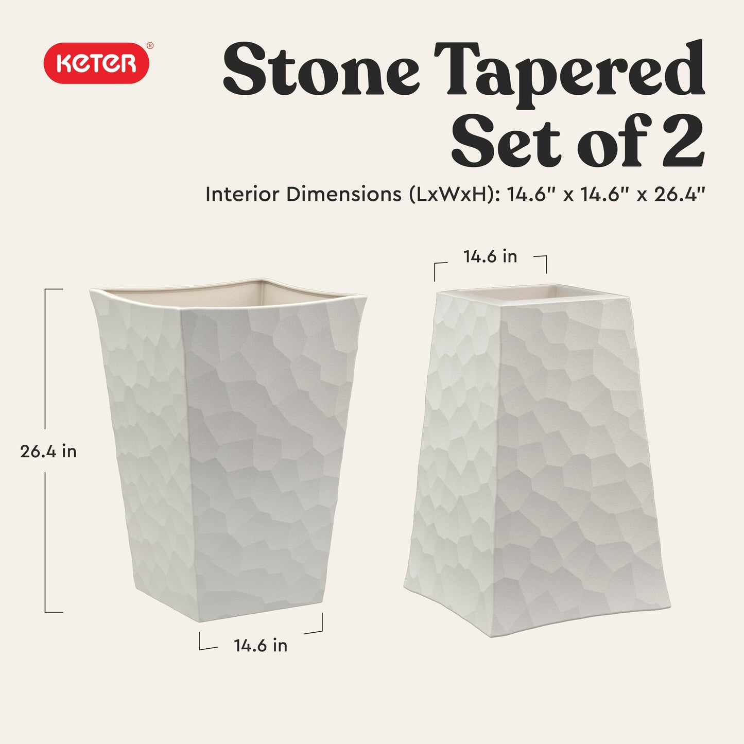 Keter Stone Tapered Planter Set of 2, Tall 26.4‑Inch Resin Outdoor Flower Pots with Stone‑Look Finish and 12.2‑Gallon Capacity, Cream