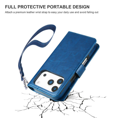 Bocasal for iPhone 17 Pro Wallet Case Compatible with MagSafe Wireless Charging, RFID Blocking Magnetic Leather Case with Card Slots Holder Kickstand Detachable Wrist Strap 6.3 Inch (Blue)