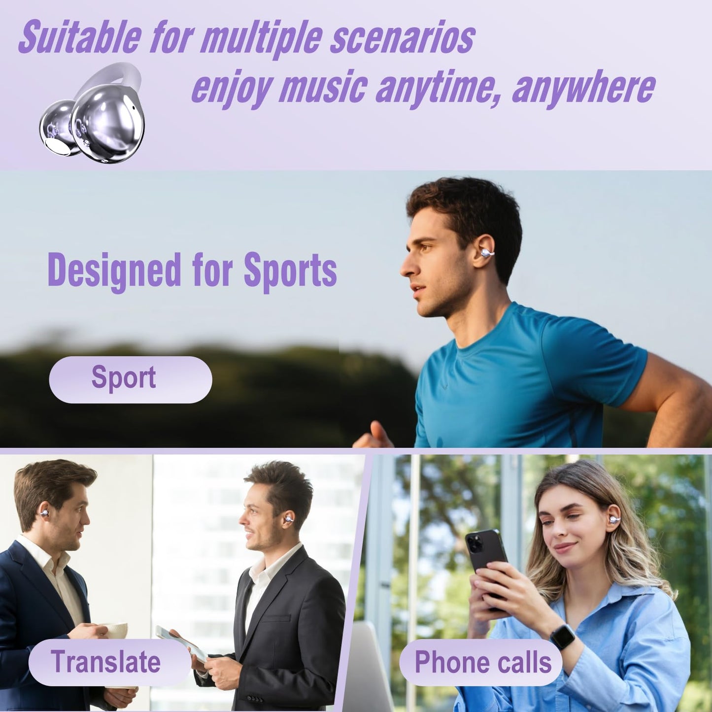 AI Translation Earbuds Real Time, 164 Language Translator Earbuds, 3-in-1 Wireless Clip on Earbuds, Bluetooth 5.4 Headphones, Translating Device for Travel Business Learning (Purple)