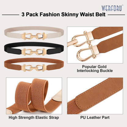 WERFORU 3 Pack Women Ladies Skinny Elastic Waist Belt Gold Buckle Stretchy Thin Belt for Dress Jeans,Black+Brown+Beige