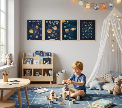 4Pcs Space Nursery Canvas Wall Art, Preschool Education Painting Picture Wall Decor, Solar System Poster Print Artworks for Classrooms, Nurseries, Children's Rooms, Playrooms, Home Decoration 8x10in