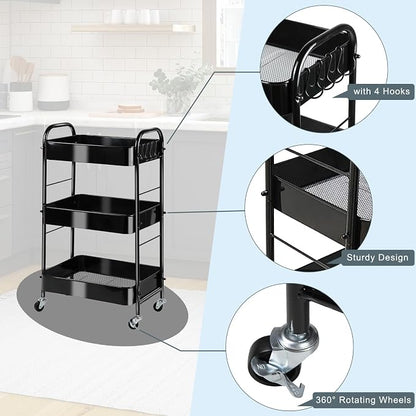 SUNLPH 3-Tier Rolling Utility Cart with Stopper Caster Wheels and 4 Hooks, Easy Assembly, for Kitchen, Bathroom, Living Room, Office (17.7”L x 12.2”W x 29.1”H, Black)