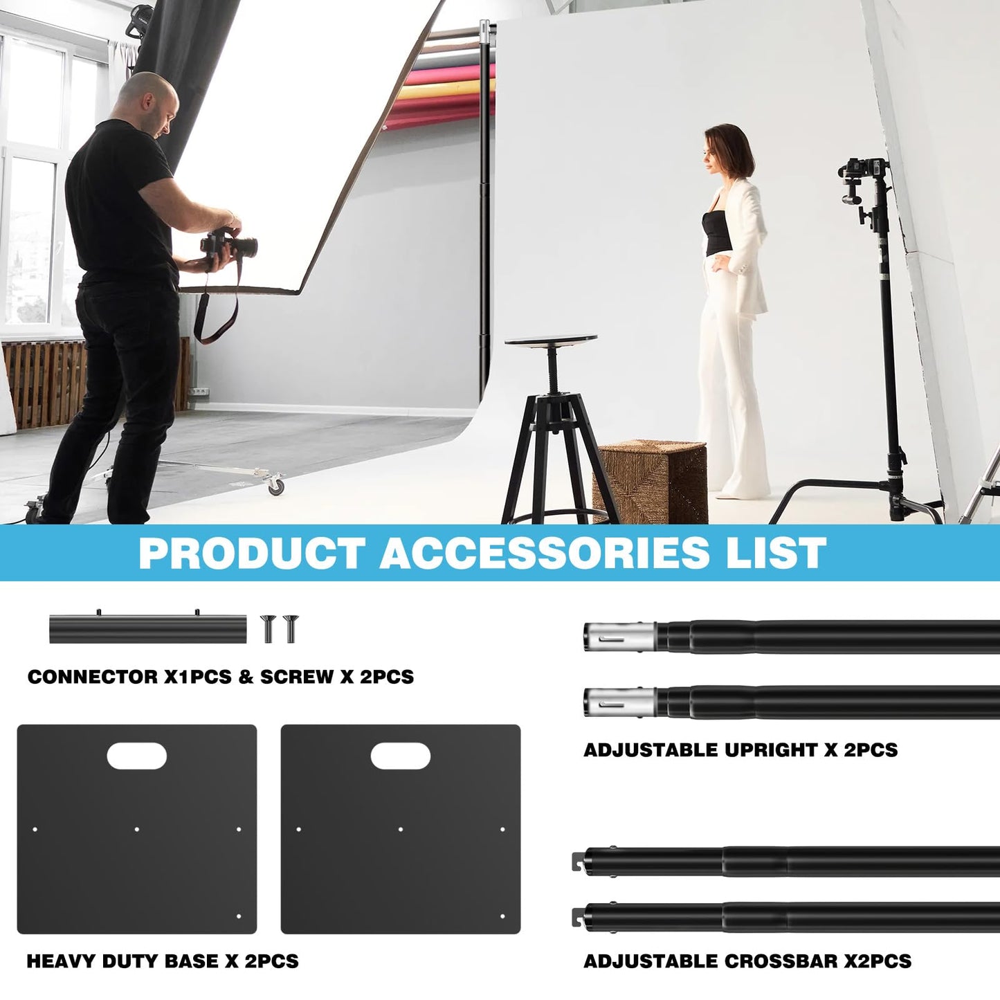Gsskny Pipe and Drape Backdrop Stand, 10x10ft Heavy Duty Backdrop Stand with Metal Base, Adjustable Height & Width, Black Background Holder for Wedding Photography Birthday Party Baby Shower Decor（Capacity of up to 25 lbs）