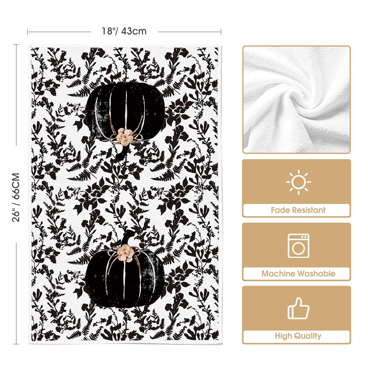 Artoid Mode Black Polka Dot Pumpkin Fall Kitchen Towels Dish Towels, 18x26 Inch Farmhouse Leaves Autumn Decoration Hand Towels Set of 2