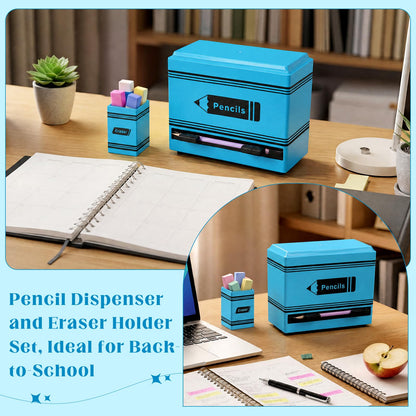 Gueevin 2pcs Pencil Dispenser for Classroom, Fun Desk Organizer with Eraser Holder, Interactive Pencil Storage for Teachers, Students & Homeschool Desk Organizer, Back to School Supplies(Blue)