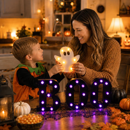 InnovTools Autumn Halloween Decorations BOO Marquee Letters with Ghost Light Purple LED Light Up Sign Spooky Table Centerpiece Wall Decor for Halloween Home Room Indoor Party Battery Operated Signs