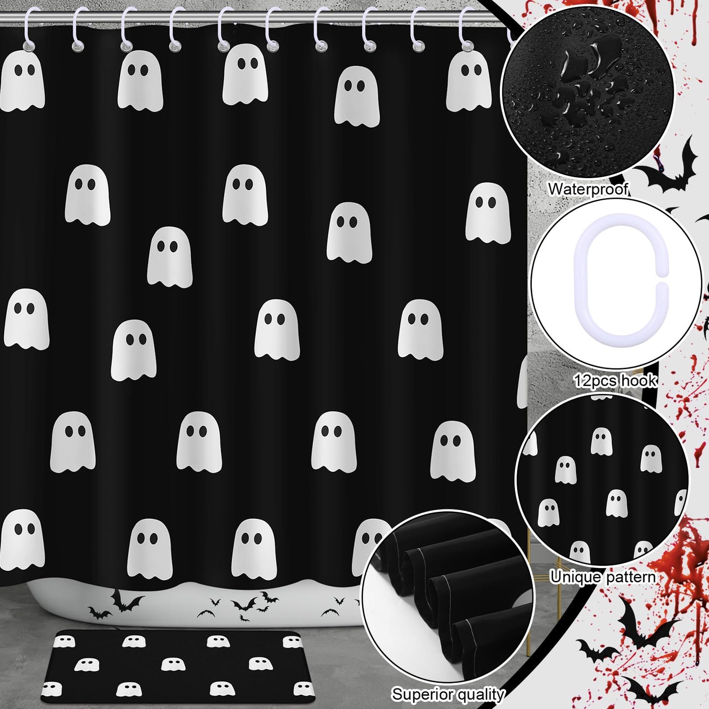 Maasechs 6 Pcs Halloween Ghost Shower Curtain Set 72" Ghost Bathroom Curtain with 12 Hooks Non Slip Rug Toilet Lid Cover Embroidered Towel U Shaped Rugs Non Slip Bath Mat for Halloween Home Decor
