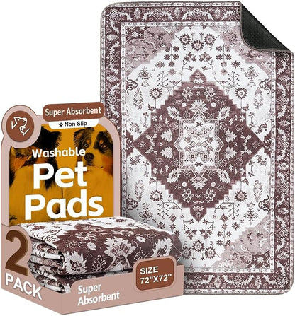 Washable Pee Pads for Dogs, 2 Pack Reusable Puppy Training Pads 72"x72" Super Absorbent Waterproof Dog Training Pads, Non-Slip Potty Pads, Whelping Pads Litter Mat Light Brown Medallion