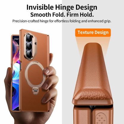 RUIMMU for Samsung Galaxy Z Fold 7 Case - Luxury Leather Texture Zfold 7 Case with Screen Protector, Kickstand and 360° Ring Holder Brown