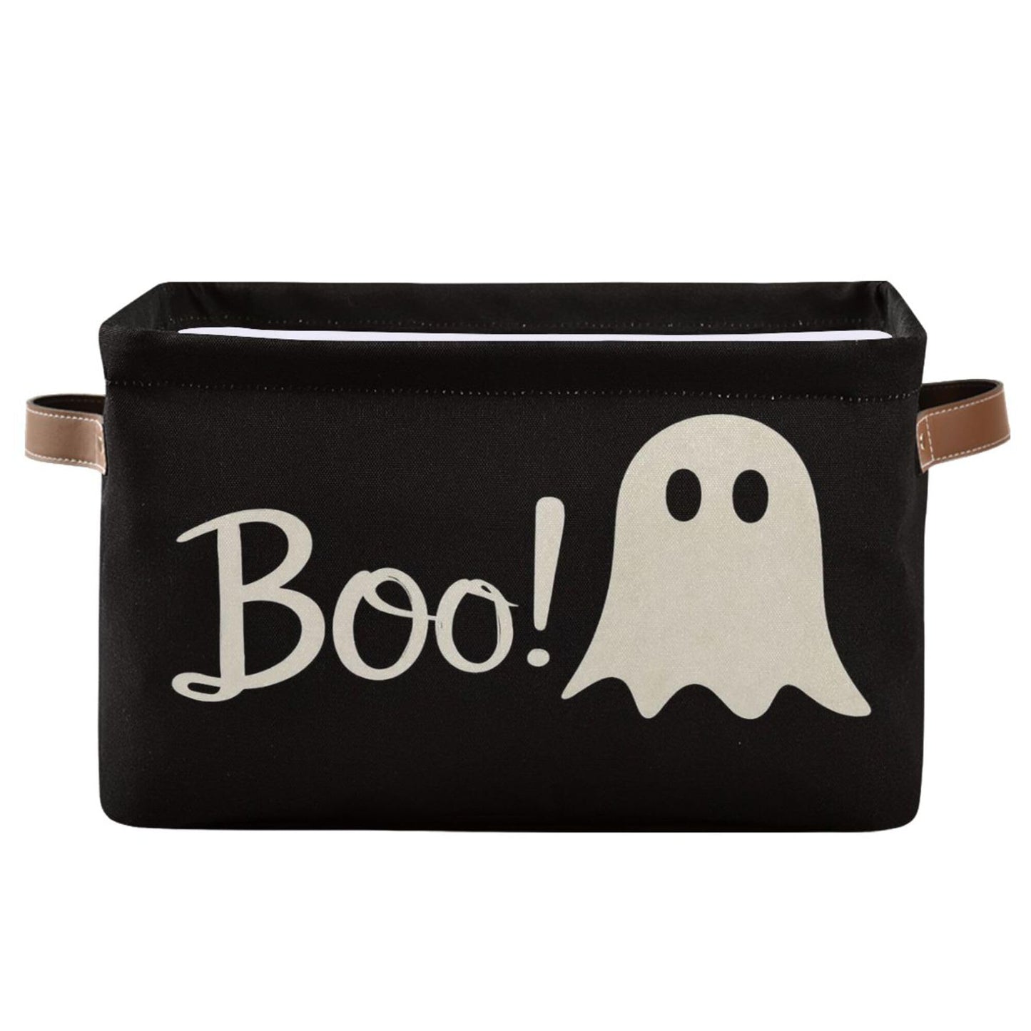 Wamika Halloween Ghost Boo Storage Basket with Waterproof Liner and PU Handles Spooky Bat Skull Storage Bins Boxes 14.2" Collapsible Decorative Organizer Baskets for Bedroom Closet Office 1 Pack