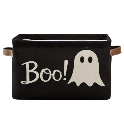 Wamika Halloween Ghost Boo Storage Basket with Waterproof Liner and PU Handles Spooky Bat Skull Storage Bins Boxes 14.2" Collapsible Decorative Organizer Baskets for Bedroom Closet Office 1 Pack