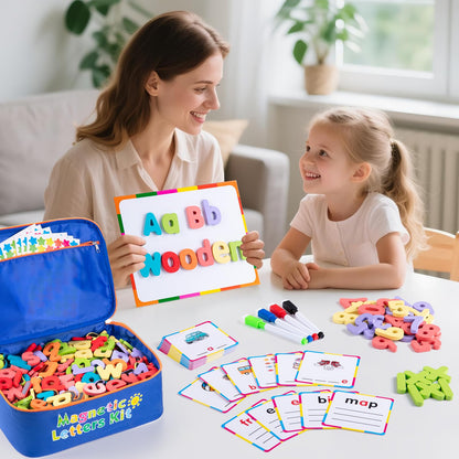 Sundaymot Magnetic Alphabet Letters Kit，310 Pcs with Magnetic Board and Organizer Bag, Upper and Lower Case Wooden Letters， Educational Toy Set for Classroom Kids Learning Spelling