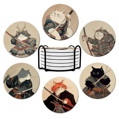 Dooke Coasters for Drinks, Round Absorbent Ceramic Stone Coasters Set of 6 with Cork Base, Funny Drink Coasters with Holder for Cold Drinks Wine Mugs and Cups Tabletop Protection,Japanese‌ Cat