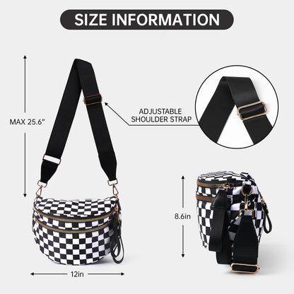 FFEDAYUN Checkered Crossbody Bag Spacious Bum Bags for Women Nylon Fanny Packs Belt Bag Handbags Wallets for Shopping Travel,Black White