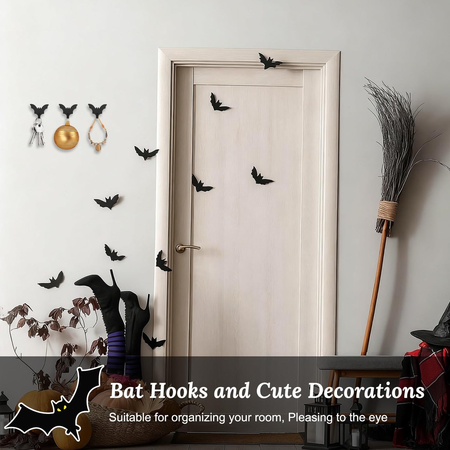 MOROBOR Bat Coat Rack Wall Mount, 8pcs Self Adhesive Towel Hooks Heavy Duty Iron Waterproof Hangers Halloween Gothic Home Decor Hooks No Drill Stick on Hooks/Black