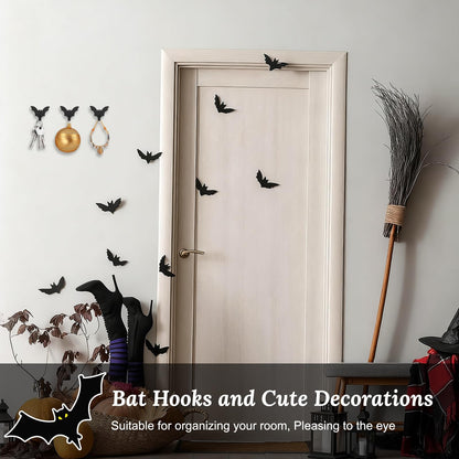 MOROBOR Bat Coat Rack Wall Mount, 8pcs Self Adhesive Towel Hooks Heavy Duty Iron Waterproof Hangers Halloween Gothic Home Decor Hooks No Drill Stick on Hooks/Black