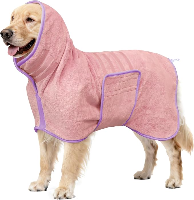 Soft Dog Bathrobe Fast Drying Dog Coat, Super Absorbent Dog Towels for After Bath, Microfiber Pet Robe Adjustable Collar & Belly Warm Keeping Dogs Coat for Pet Dogs & Cats (Pink, 3X-Large)