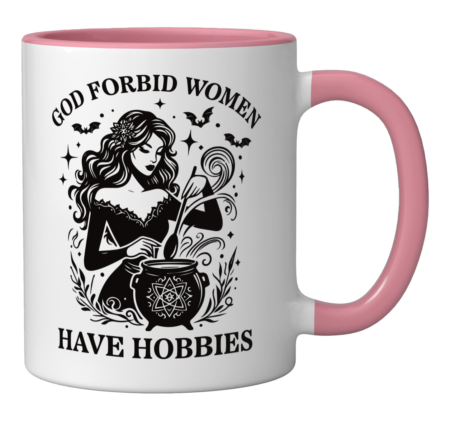 God Forbid Women Have Hobbies Witch Ceramic Mug, Pink/White