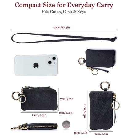 LnxLtw Leather Coin Purse for Women with Keychain & Wrist Strap – Small Zipper Coin Pouch, Mini Change Wallet, Slim Travel Key Pouch with Gift Box (Black)