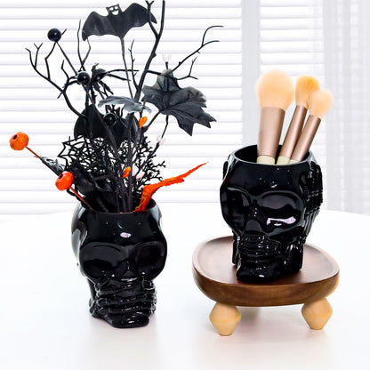 Set of 2 Gothic Home Decor, See No Evil Speak No Evil Skeleton Makeup Brush Holder, Black Skull Pen Holder & Succulent Planter - Cool Desk Accessories for Men & Women, Spooky Halloween Room Decor Gift