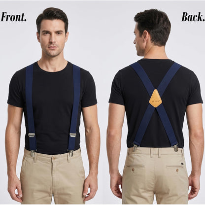 GEOSO Work Suspender, 2-Inch Wide Elastic Clip-on Suspenders for Men, Heavy-Duty Pants Suspender Blue