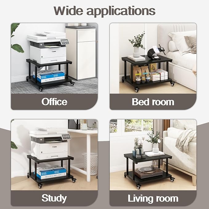 Natwind 2 Tier Laser Printer Stand,24''x20''x15'' Large Printer Table Copier Stand Under Desk,Heavy Duty Rolling Cart with Paper Storage Shelf,Printer Holder on Wheels for Home Office (Black)