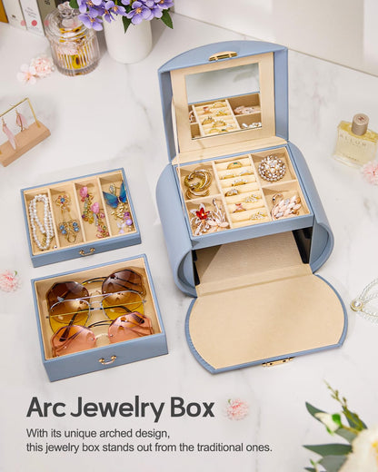 Homde Girls Jewelry Box Jewelry Storage Case Organizer Faux Leather with Mirror for Rings, Earrings, Bracelets, Necklaces (Grey Blue) - Gifts for Mother's Day