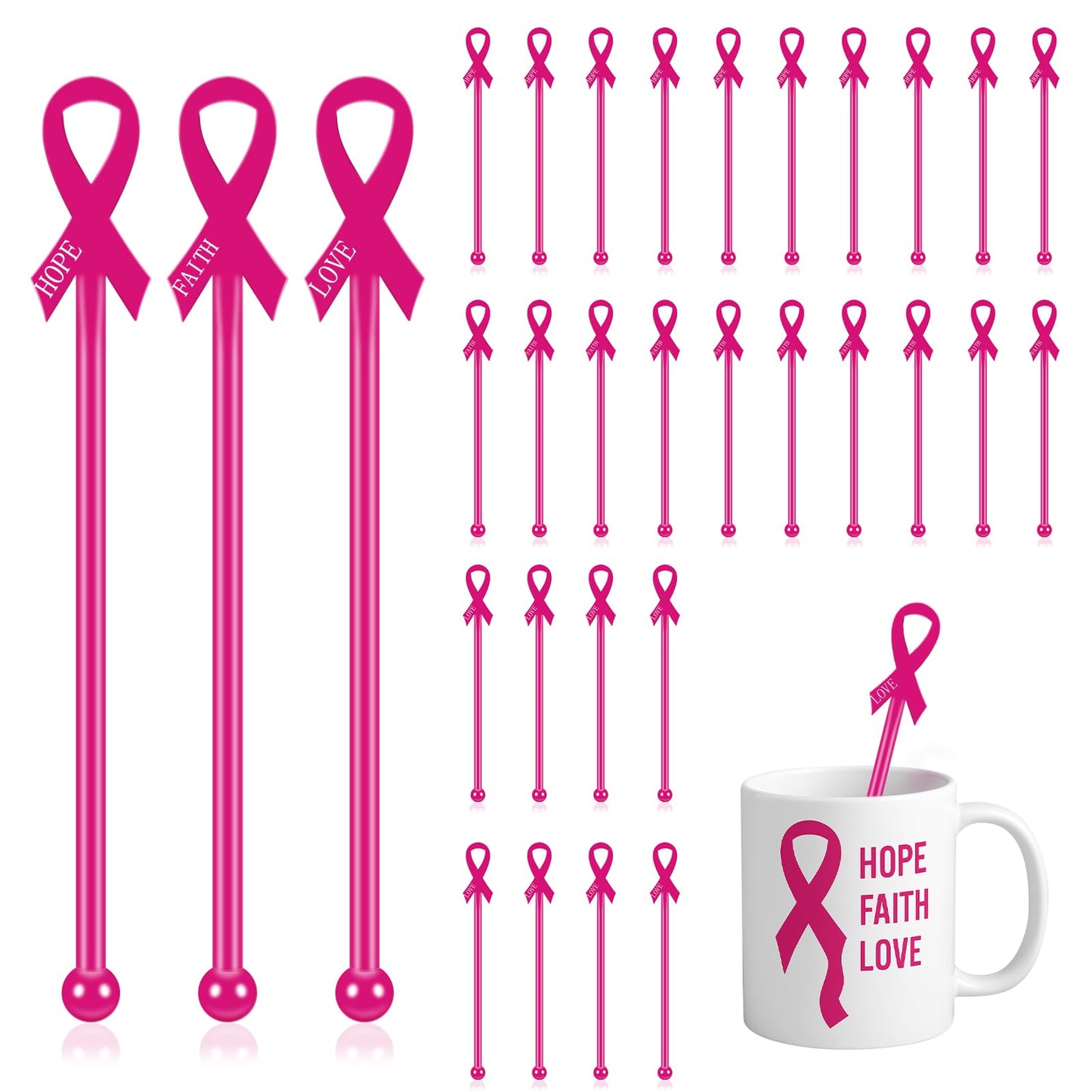 Chengu 90 Pcs Breast Cancer Awareness Drink Stirrers 6 Inch Pink Ribbon Plastic Cocktail Swizzle Sticks Coffee Whiskey Beverage Stirrers for Breast Cancer Awareness Party Decorations