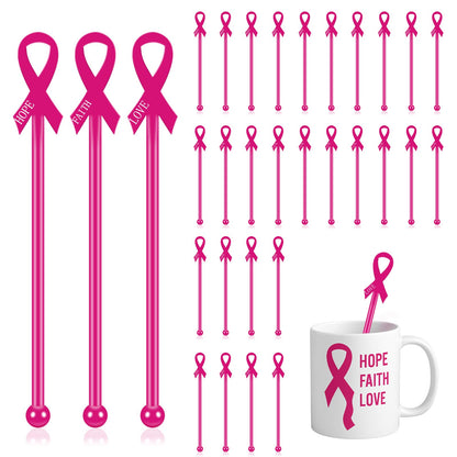 Chengu 90 Pcs Breast Cancer Awareness Drink Stirrers 6 Inch Pink Ribbon Plastic Cocktail Swizzle Sticks Coffee Whiskey Beverage Stirrers for Breast Cancer Awareness Party Decorations