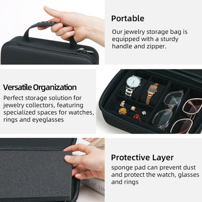 SORNDIF Large Travel Watch Case 5Slot Portable Jewelry Box Versatile Watches Sunglasses Organizer Rings Eyeglasses Zippered Carrying Bag Men