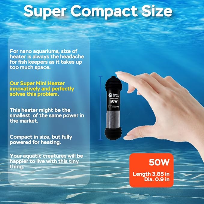 AquaMiracle 50W Small Aquarium Heater Fish Heater, Super Mini Fish Tank Heater Turtle Tank Heater for 5-10 Gal Tanks, with Dual LED Display, Dry-Run/Overheating Protection & Memory Function