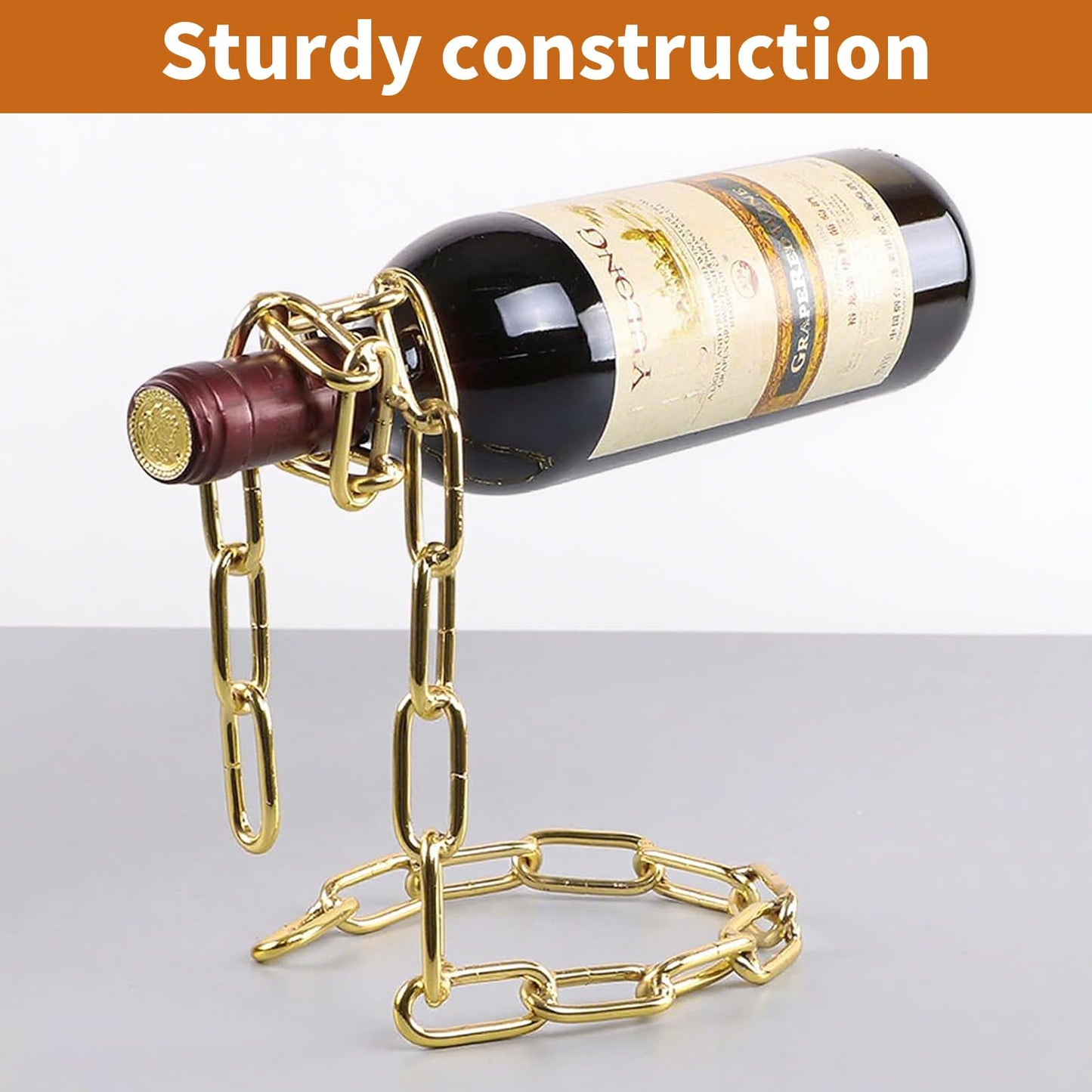 TBWHL Novelty Magic Wine Bottle Holder Floating Steel Link Chain Wine Bottle Rack/Holder - Holds Bottles in The Air, Unique Levitating Wine Bottle Stand for Home Bar, Kitchen, or Party Deco（Gold）