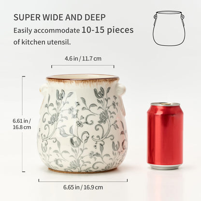 Utensil Holder for Kitchen Counter, Modern Farmhouse Rustic Cooking Utensil Holder and Crock, Exquisite Chinoiserie Floral Ceramic Utensil Organizer for Home Kitchen Decor- Gray Flower Patterns