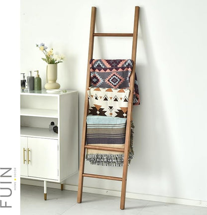 FUIN 6ft Wooden Natural Blanket Ladder Living Room Decorative Wall Leaning Farmhouse Quilt Display Holder Rustic Wood Towel Rack for Bathroom