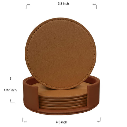 KEMMPER Coasters Set of 6 Soft Leather Drink Coaster Round Coaster with Sewing Around, Suitable for Various Cups, Wooden Tables,Home Decoration,4 Inches(Brown)