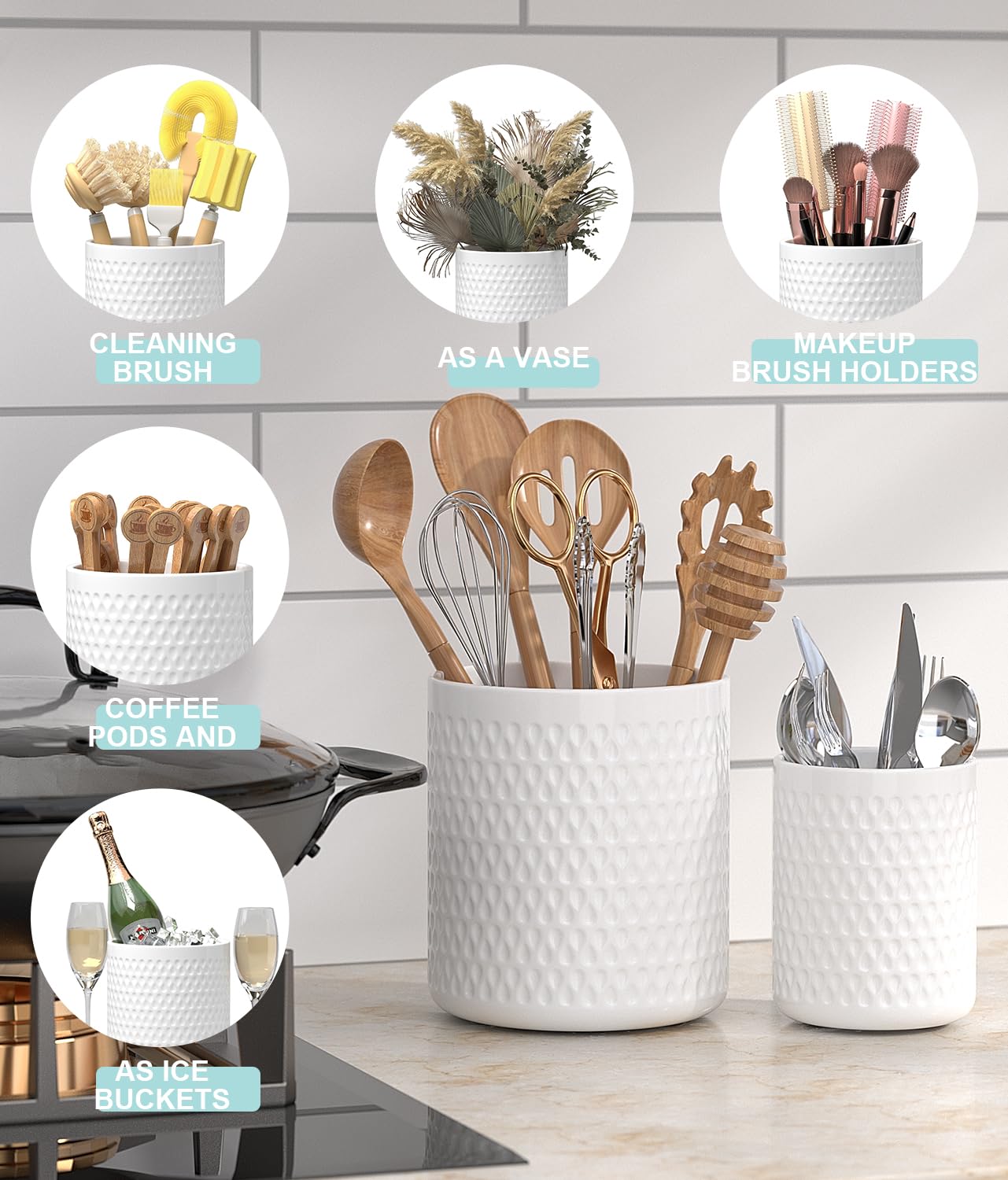 CLTIKACK Ceramic Utensil Caddy, Large Spatula Holder, 6.8 inch Cooking Utensil Holder for Kitchen Counter, Farmhouse Kitchen Decor for Silverware Spoon Crocks 2PCK