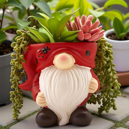 Unique Gnome Planter Pot, Cute Ceramic Gnome Flower Succulent Pot for Indoor Outdoor Plants Home Garden Spring Summer Christmas Decoration (Red)