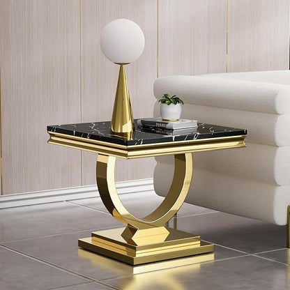 2 Piece Living Room Table Set Include 1 Faux Marble Coffee Table & 1 End Table, Modern Black Gold Coffee Table Set of 2 with Double O Shape Stainless Steel Pedestal Base