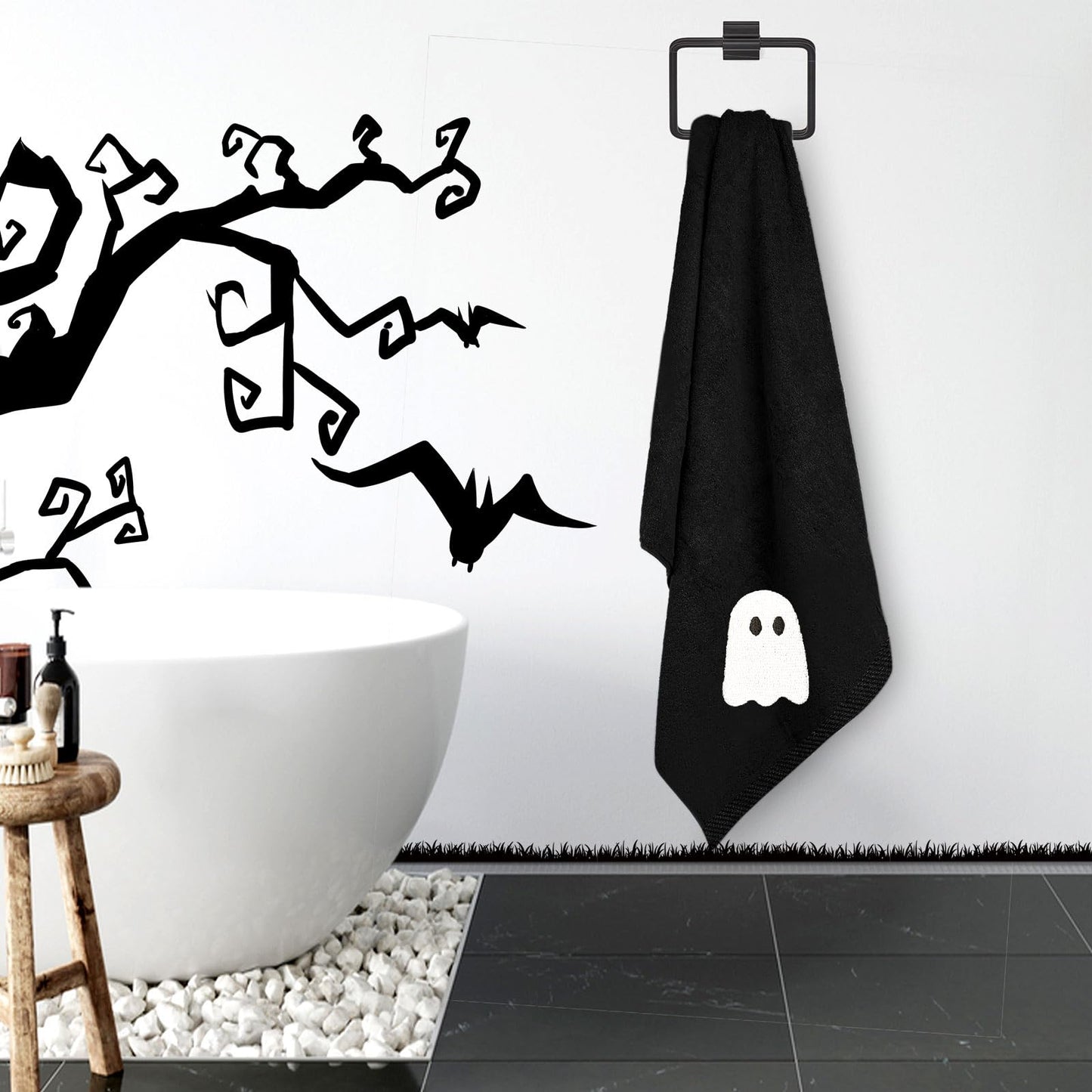 JarThenaAMCS 2 Pack Halloween Hand Towels Embroidered Black White Ghost Cotton Dish Towel for Bathroom Hand Drying Kitchen Cleaning Towel Gift Set, 29.5 x 13.7 Inch