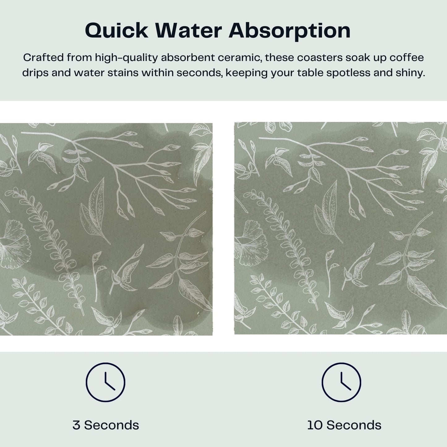 Hoomey Set of 6 Floral Sage Green Coasters with Holder, Absorbent Ceramic Drink Coasters with Cork Backing for Table Protection, Coffee Table Décor