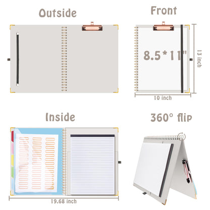 HAUTOCO Clipboard Folio with Refillable Lined Notepad for Letter Size (11" x 8.5"), 5 Dividers with 10 Pockets, Elastic Pen Holder and File Folder Labels, Spiral Nurse Clipboard Artboard(Gray)