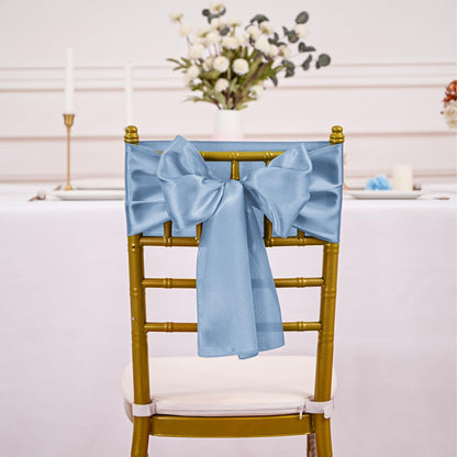 REWOMC 60 PCS 7x78 Inch Dusty Blue Satin Chair Sashes Bows Suitable for Various Occasions Such as Weddings Banquets Parties, Graduation Ceremonies Etc