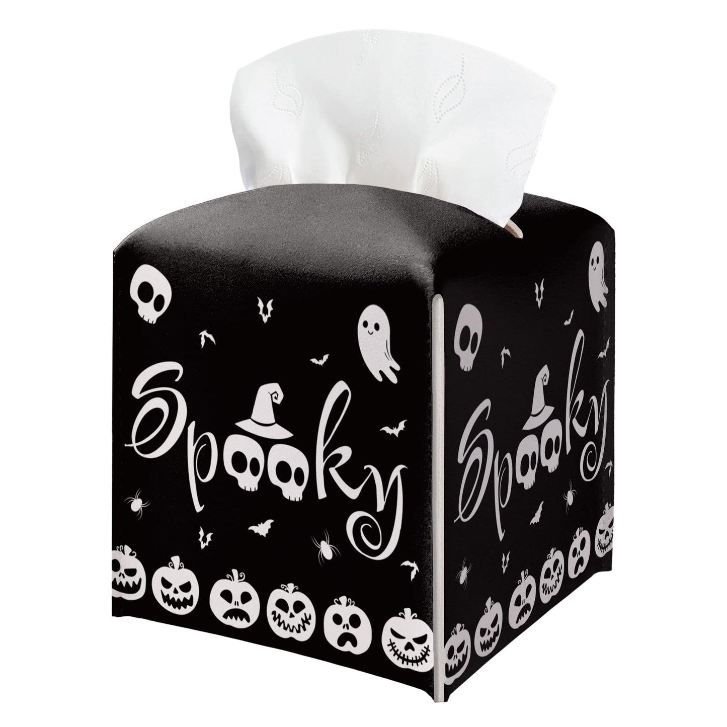 Halloween Tissue Box Holder, Black Spooky Pumpkin Leather Tissue Box Cover Square, Horror Facial Paper Organizer Dispenser Toilet Paper Holder for Bathroom Kitchen Office Home Decor-A10