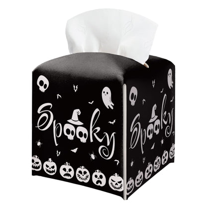 Halloween Tissue Box Holder, Black Spooky Pumpkin Leather Tissue Box Cover Square, Horror Facial Paper Organizer Dispenser Toilet Paper Holder for Bathroom Kitchen Office Home Decor-A10