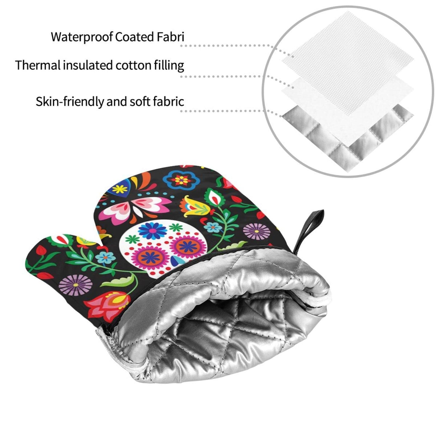 Mexican Skull Skeleton Floral Oven Mitts and Pot Holders Set of 4, Oven Mittens and Potholders Heat Resistant Gloves for Kitchen Cooking Baking Grilling BBQ
