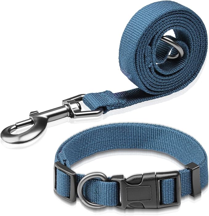 Peacock Blue Dog Collar and Leash Set for Large Dogs Soft and Breathable of 90% Rayon from Bamboo and 10% Polyester Comfortable Skin-Friendly, Adjustable Leash Set with Quick Release Buckle