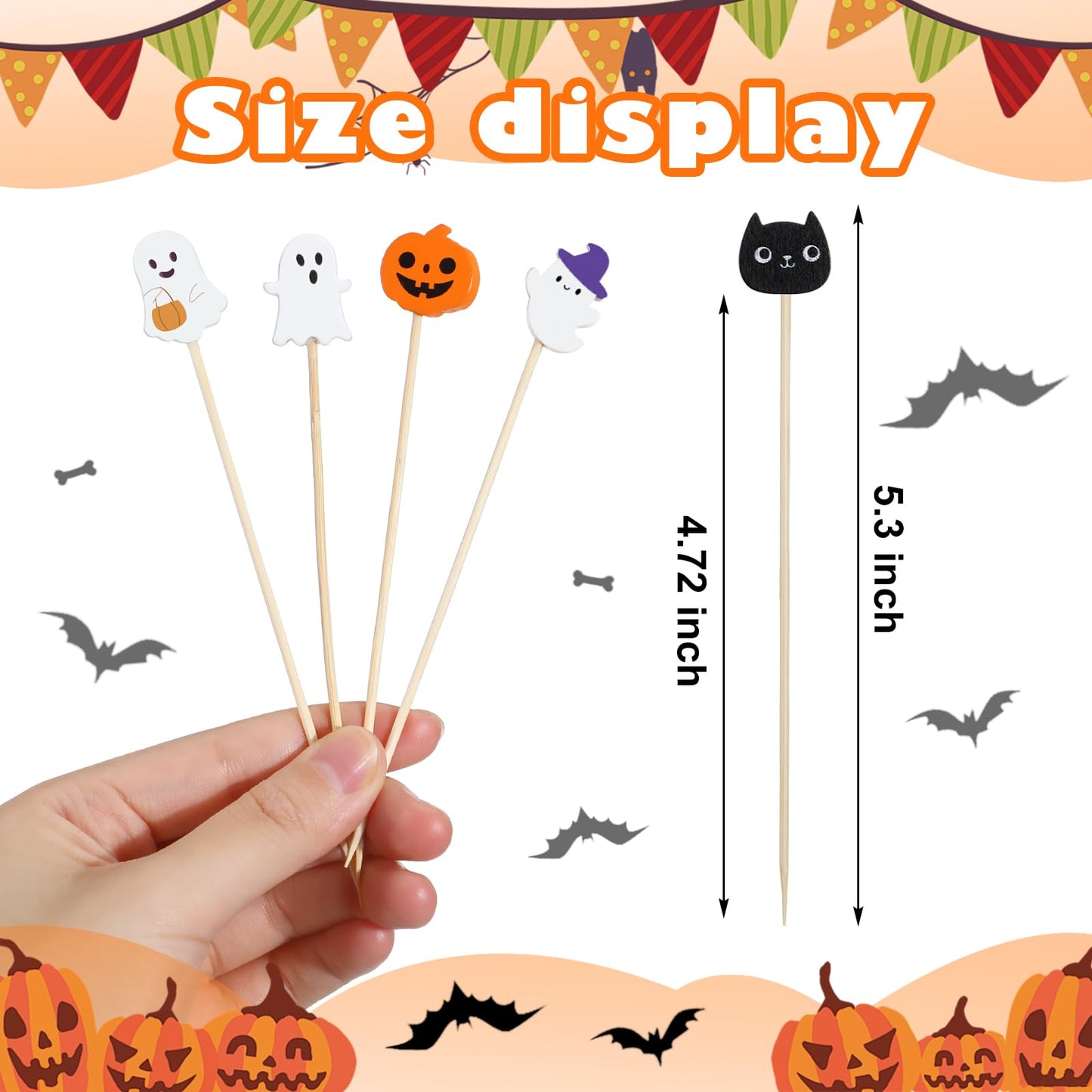 Chengu 200 Pcs Halloween Cocktail Picks for Appetizers, 4.7 Inch Bamboo Toothpicks Pumpkin Cat Ghost Halloween Party Decorations for Food, Cocktail, Desserts, Fruit, Cake, Salad