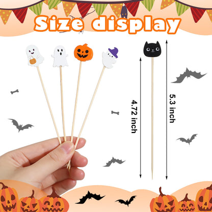 Chengu 200 Pcs Halloween Cocktail Picks for Appetizers, 4.7 Inch Bamboo Toothpicks Pumpkin Cat Ghost Halloween Party Decorations for Food, Cocktail, Desserts, Fruit, Cake, Salad