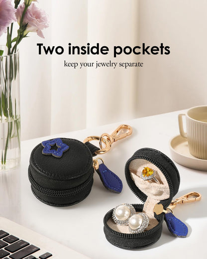 COOLYOUTH Travel Jewelry Holder Storage Ring Holder with Keychain Leather Mini Ring Case (Blue Black)