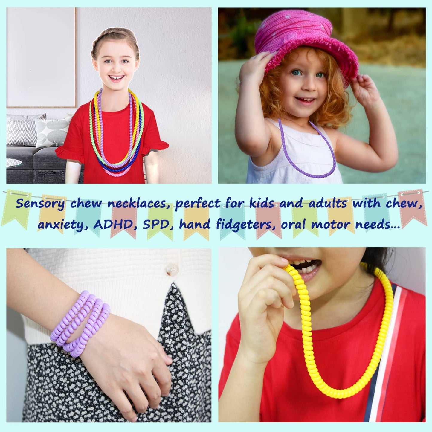 Sensory Chew Necklace for Boys and Girls, 6 Pack Stretch Chewing Necklaces for Kids with Autism ADHD SPD, Oral Motor Aids Chew Toys Reduce Fidgeting for Kids Chewer (6)
